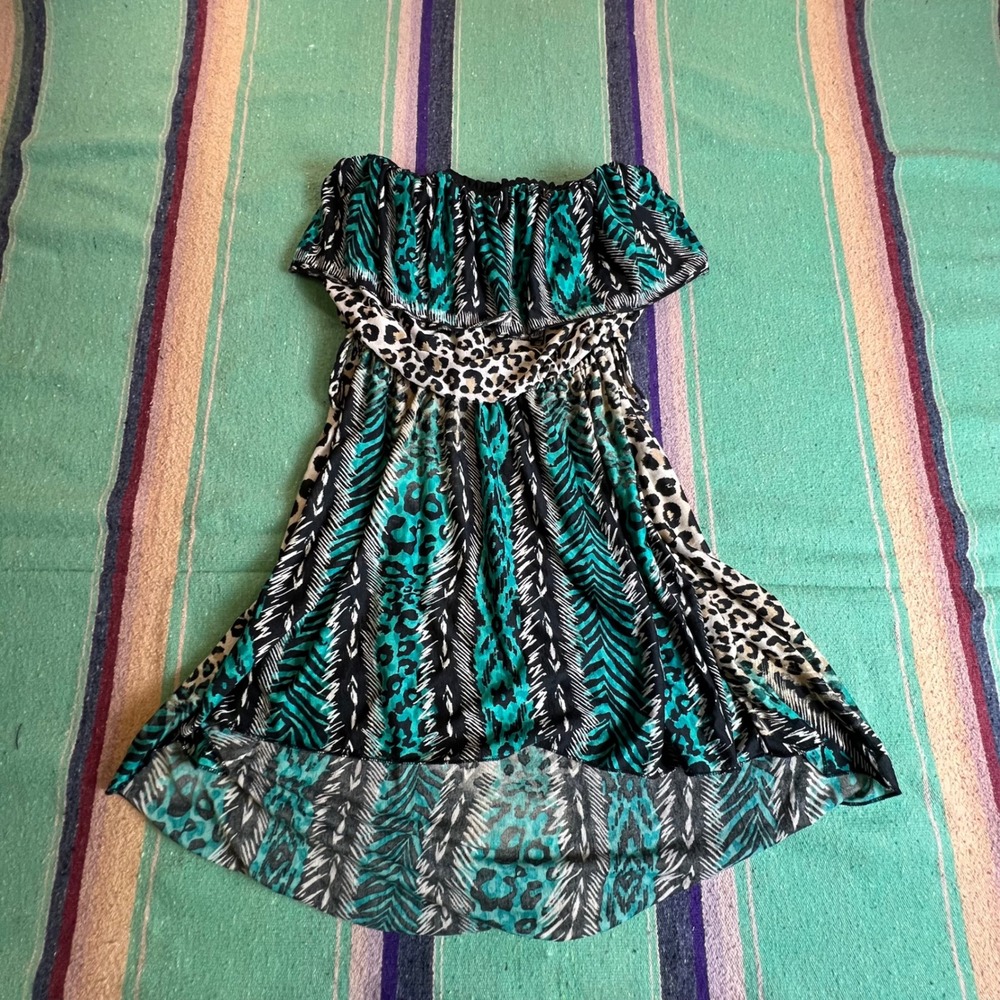 Rue21 Dress Womens Medium Teal Black Leopard Zebra Print Strapless High Low Boho